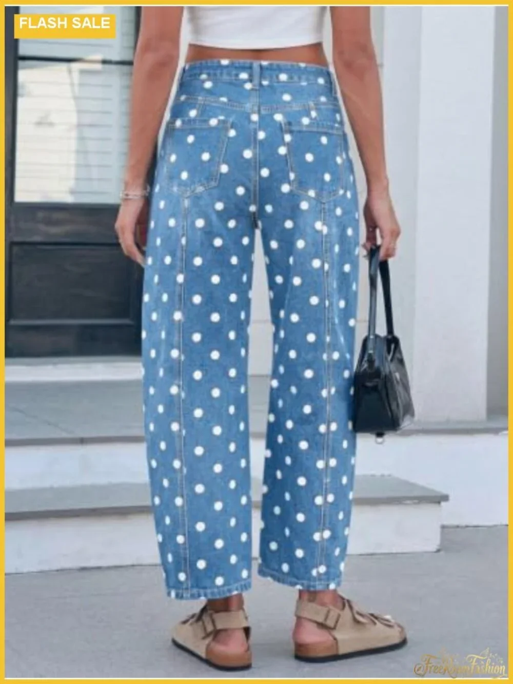 Polka Dot High Waisted Wide Leg Denim Jeans